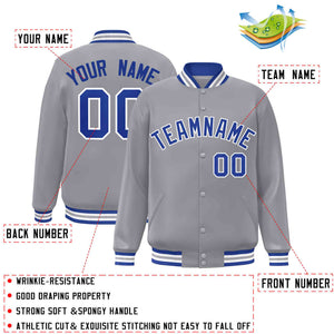 Custom Gray Royal-White Classic Style Varsity Full-Snap Letterman Jacket