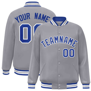 Custom Gray Royal-White Classic Style Varsity Full-Snap Letterman Jacket