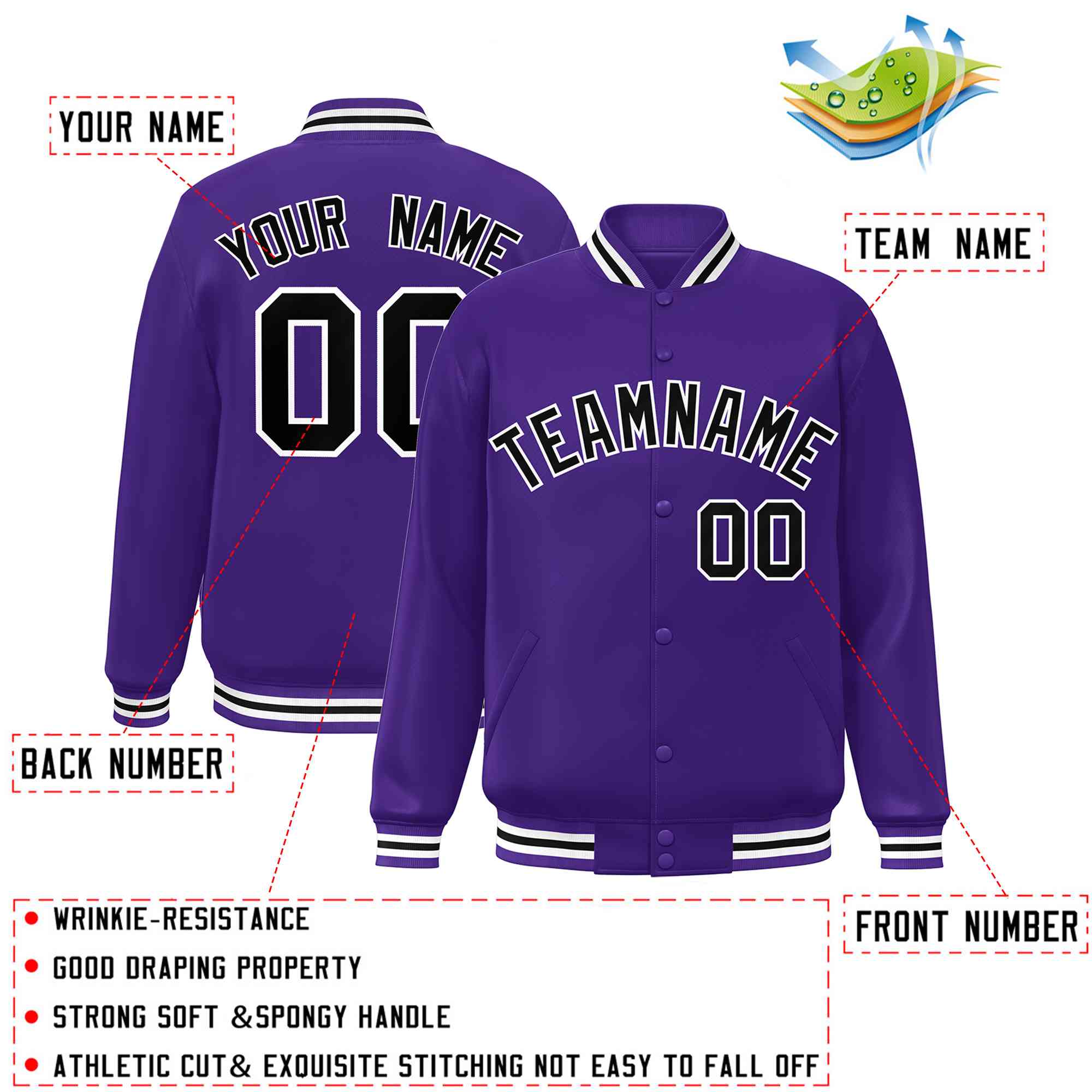 Custom Purple Black-White Classic Style Varsity Full-Snap Letterman Jacket