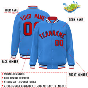 Custom Powder Blue Red-Navy Classic Style Varsity Full-Snap Letterman Jacket