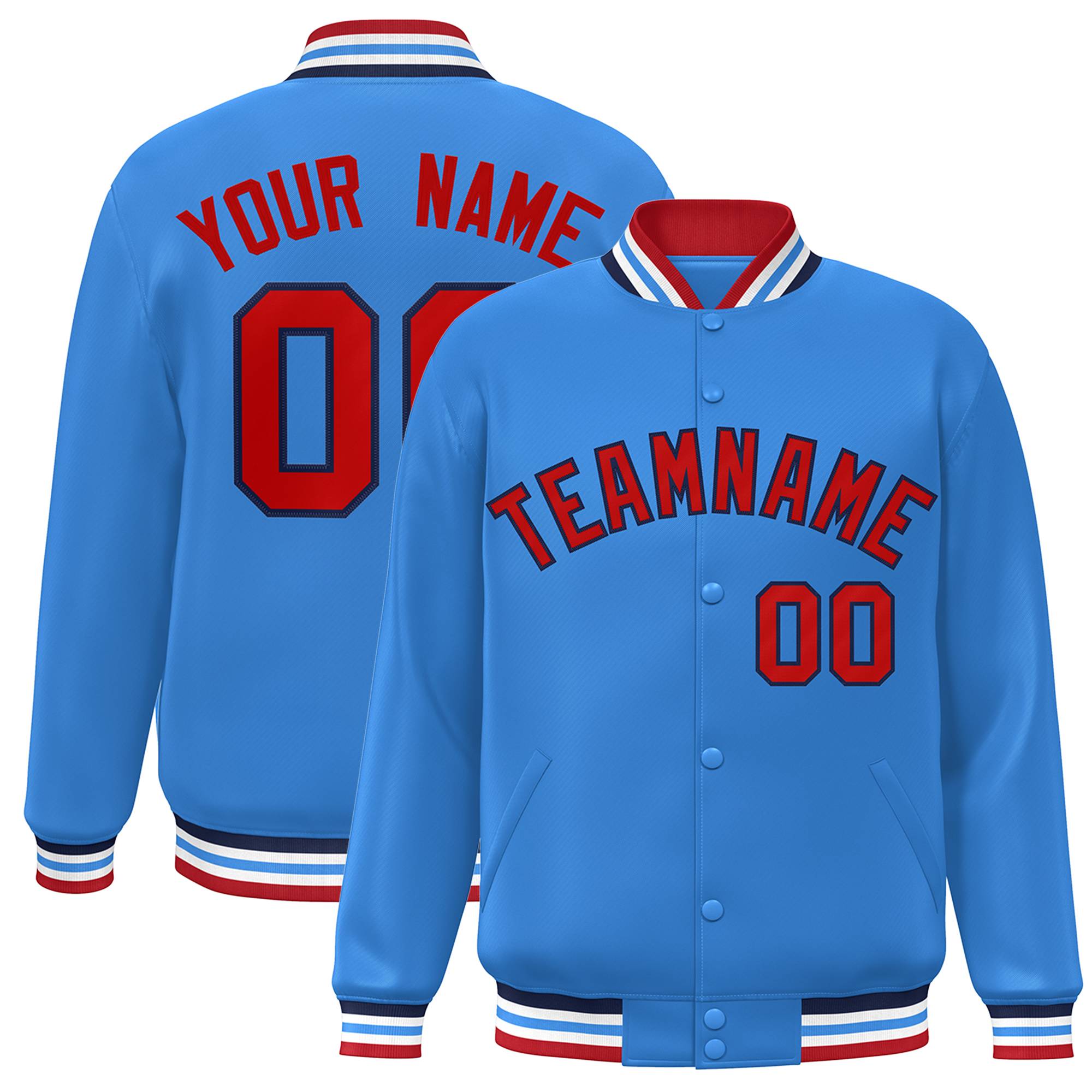 Custom Powder Blue Red-Navy Classic Style Varsity Full-Snap Letterman Jacket