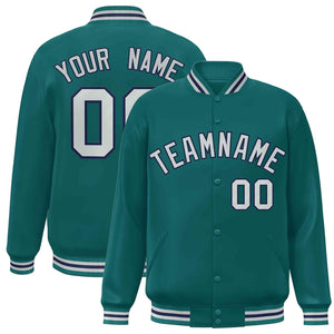 Custom Aqua Gray-Navy Classic Style Varsity Full-Snap Letterman Jacket