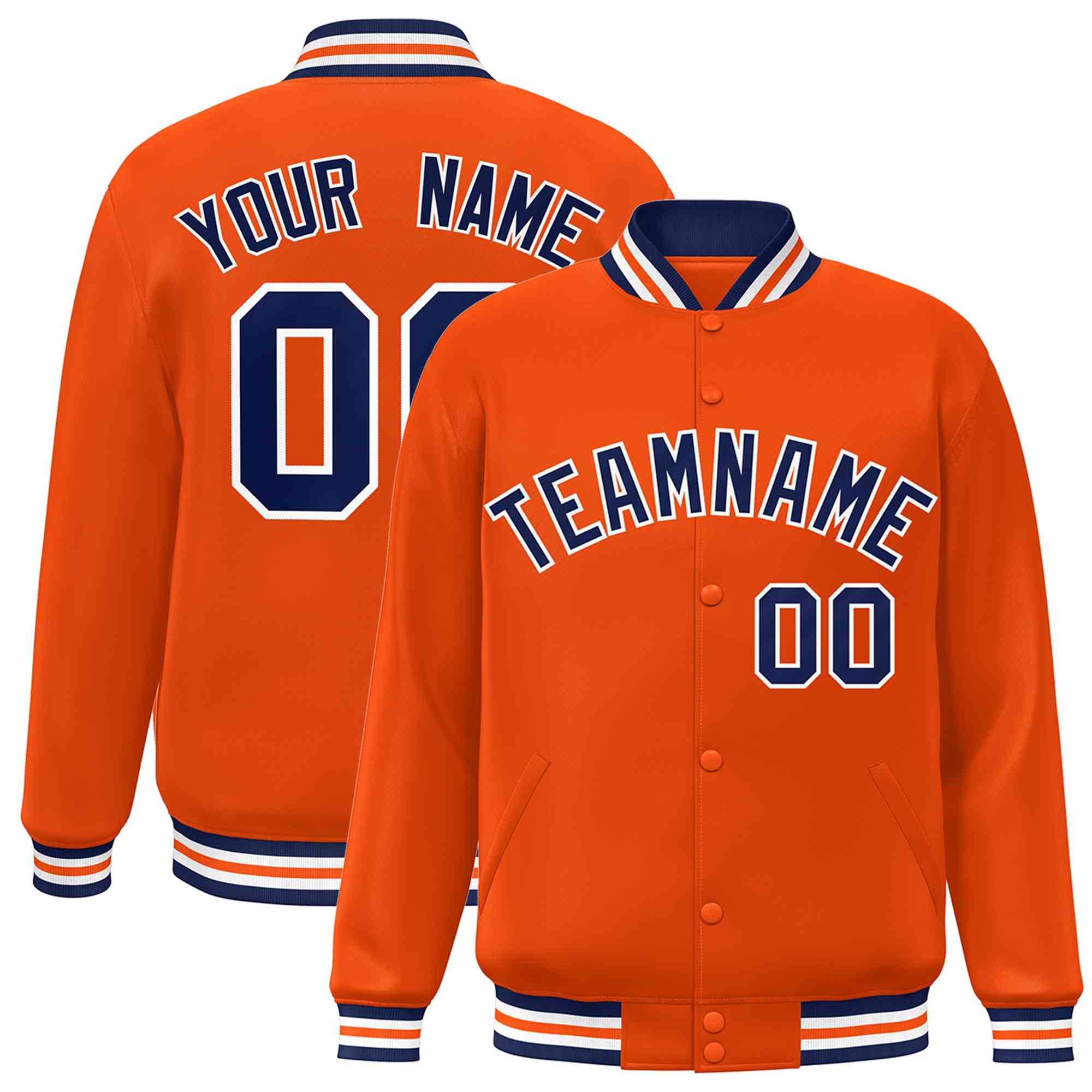 Custom Orange Navy-White Classic Style Varsity Full-Snap Letterman Jacket