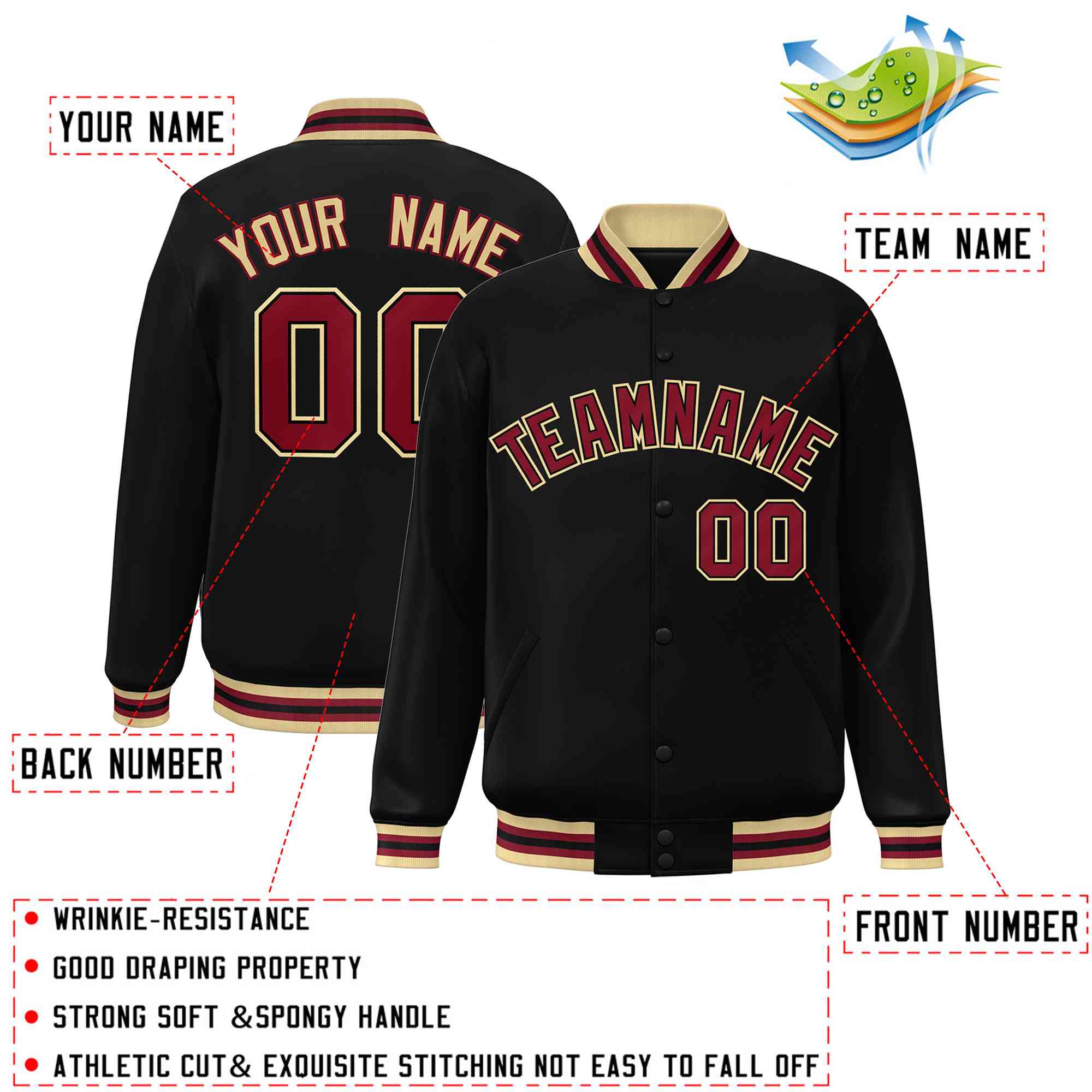 Custom Black Crimson-Black Classic Style Varsity Full-Snap Letterman Jacket