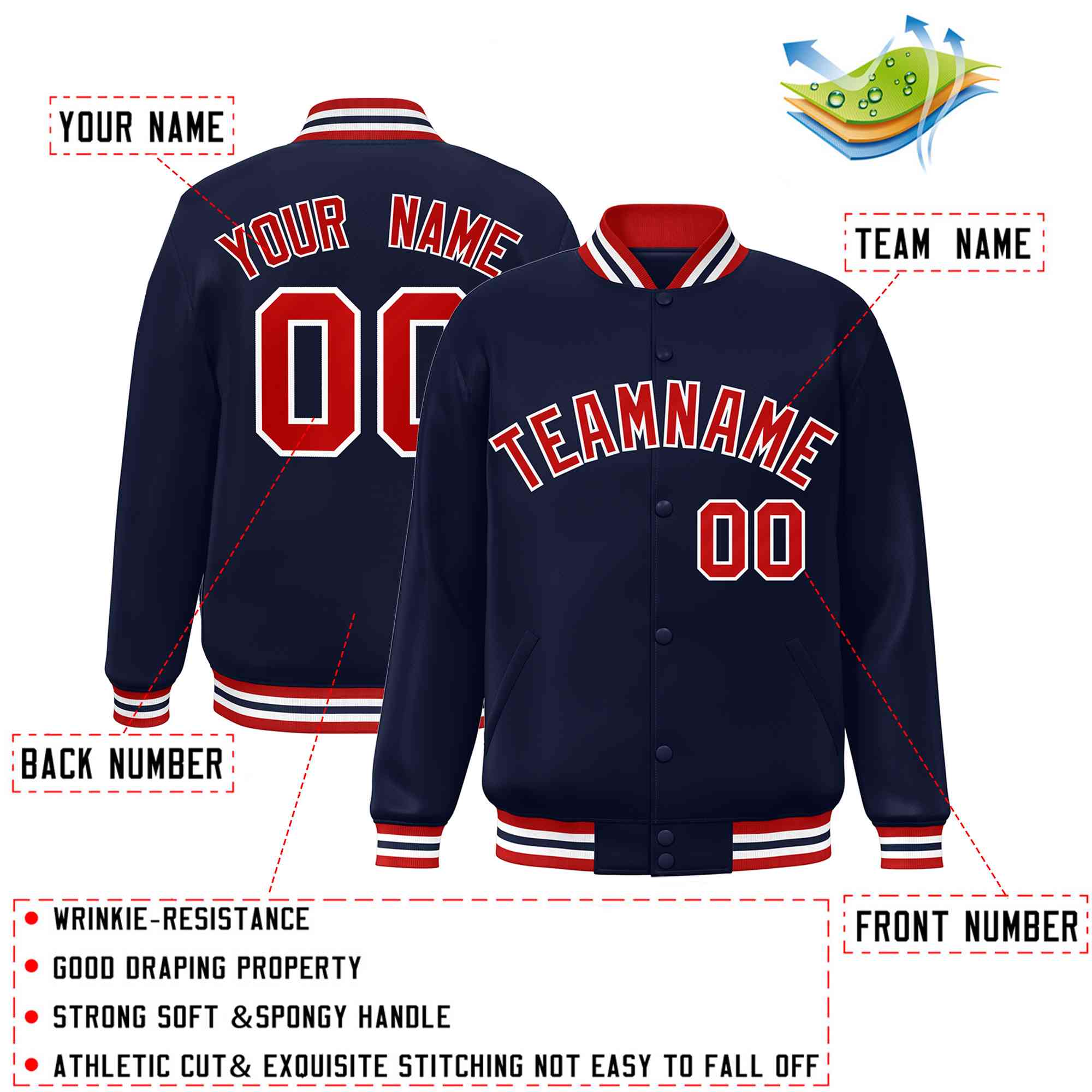 Custom Navy Red-White Classic Style Varsity Full-Snap Letterman Jacket