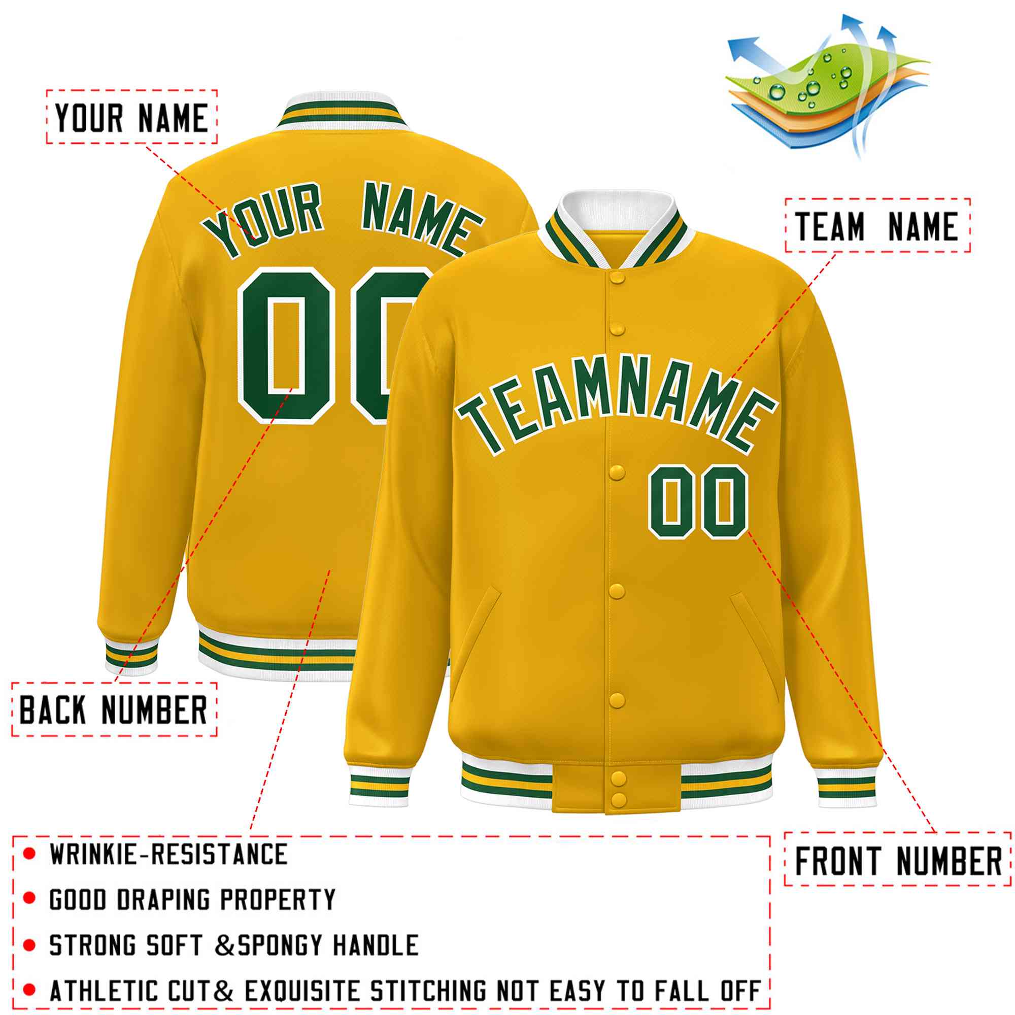 Custom Gold Green-White Classic Style Varsity Full-Snap Letterman Jacket