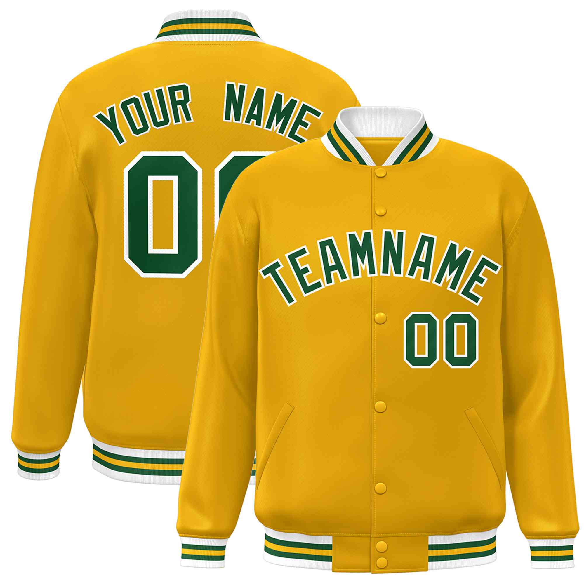 Custom Gold Green-White Classic Style Varsity Full-Snap Letterman Jacket