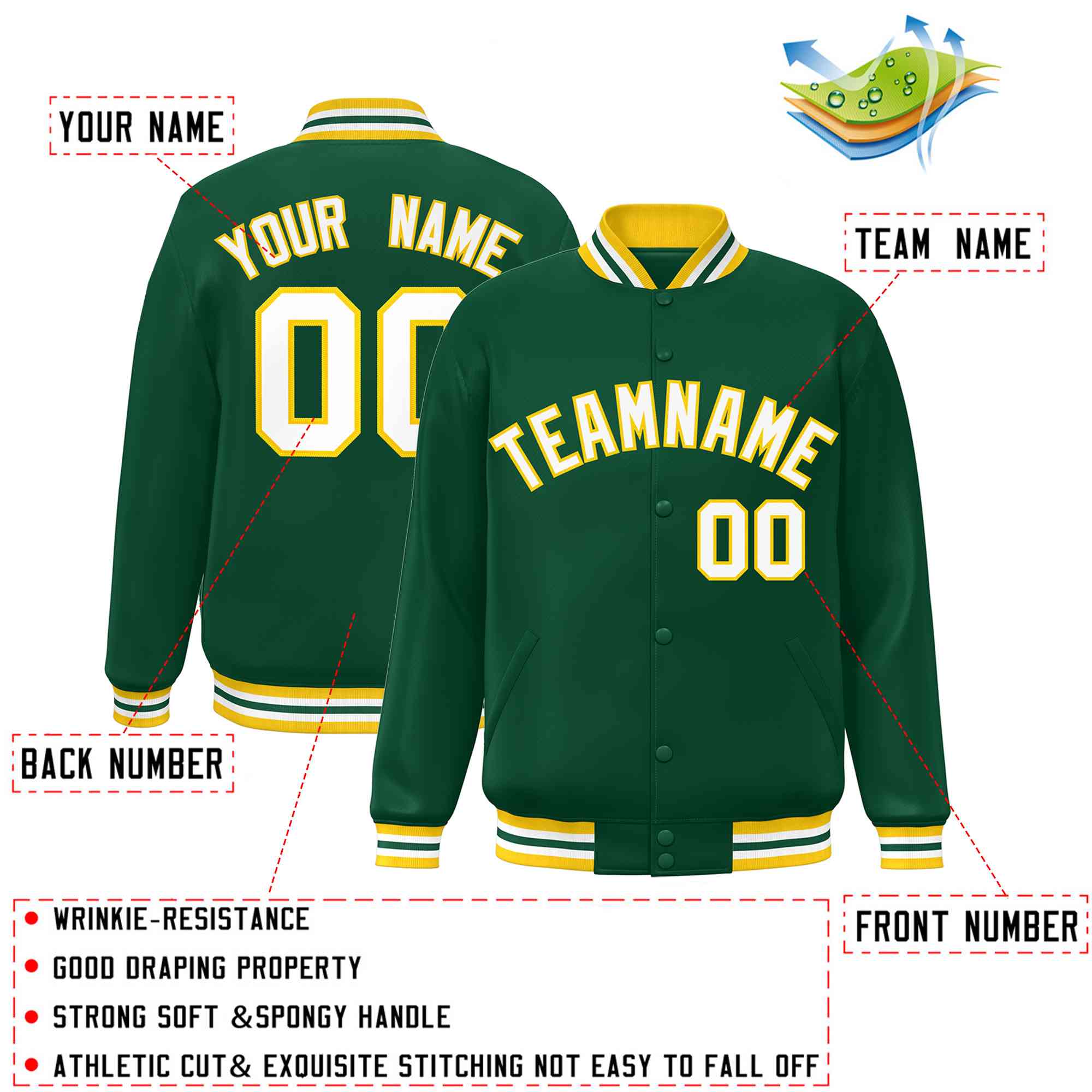 Custom Green White-Gold Classic Style Varsity Full-Snap Letterman Jacket