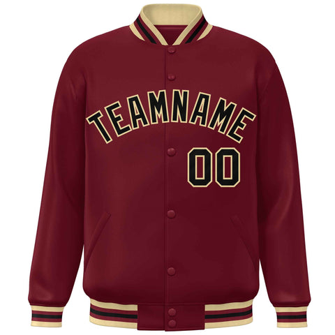 Custom Crimson Khaki-Black Varsity Full-Snap Classic Style Letterman Baseball Jacket