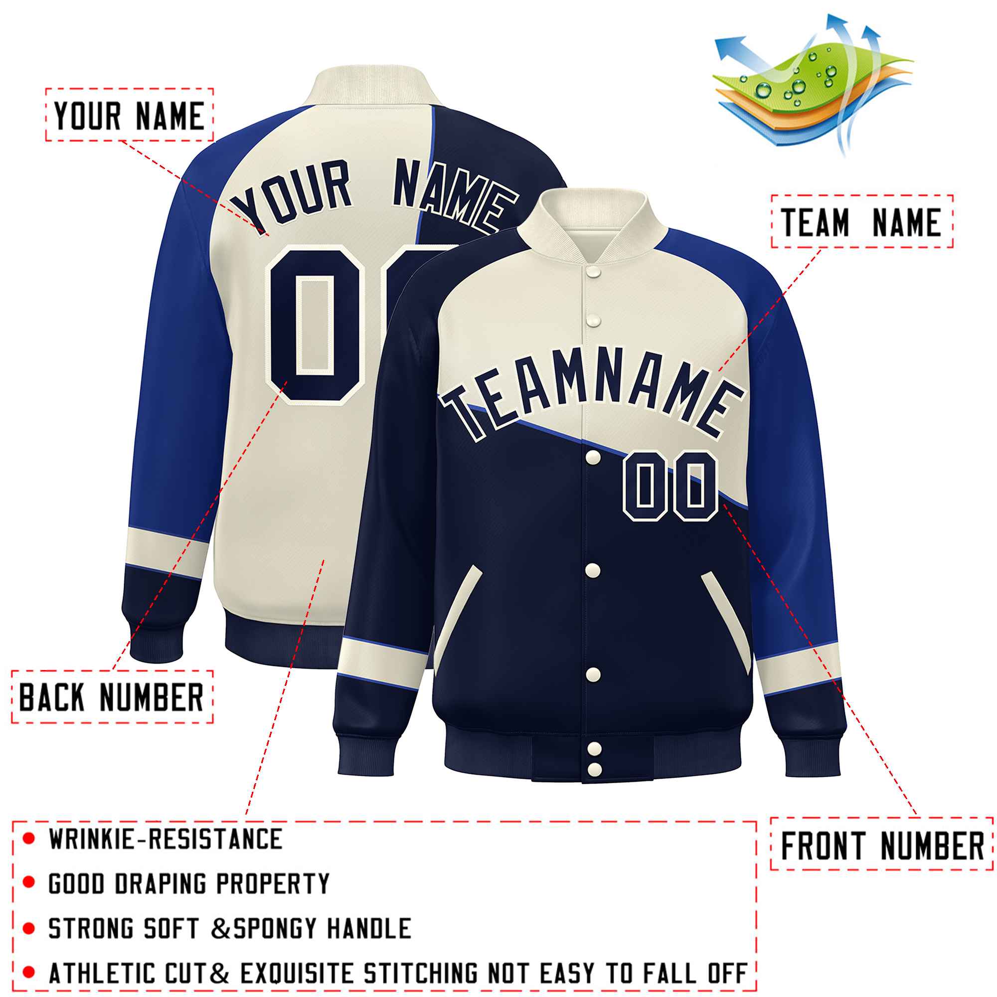 Veste de baseball universitaire à boutons-pression personnalisés Navy White-Royal Color Block