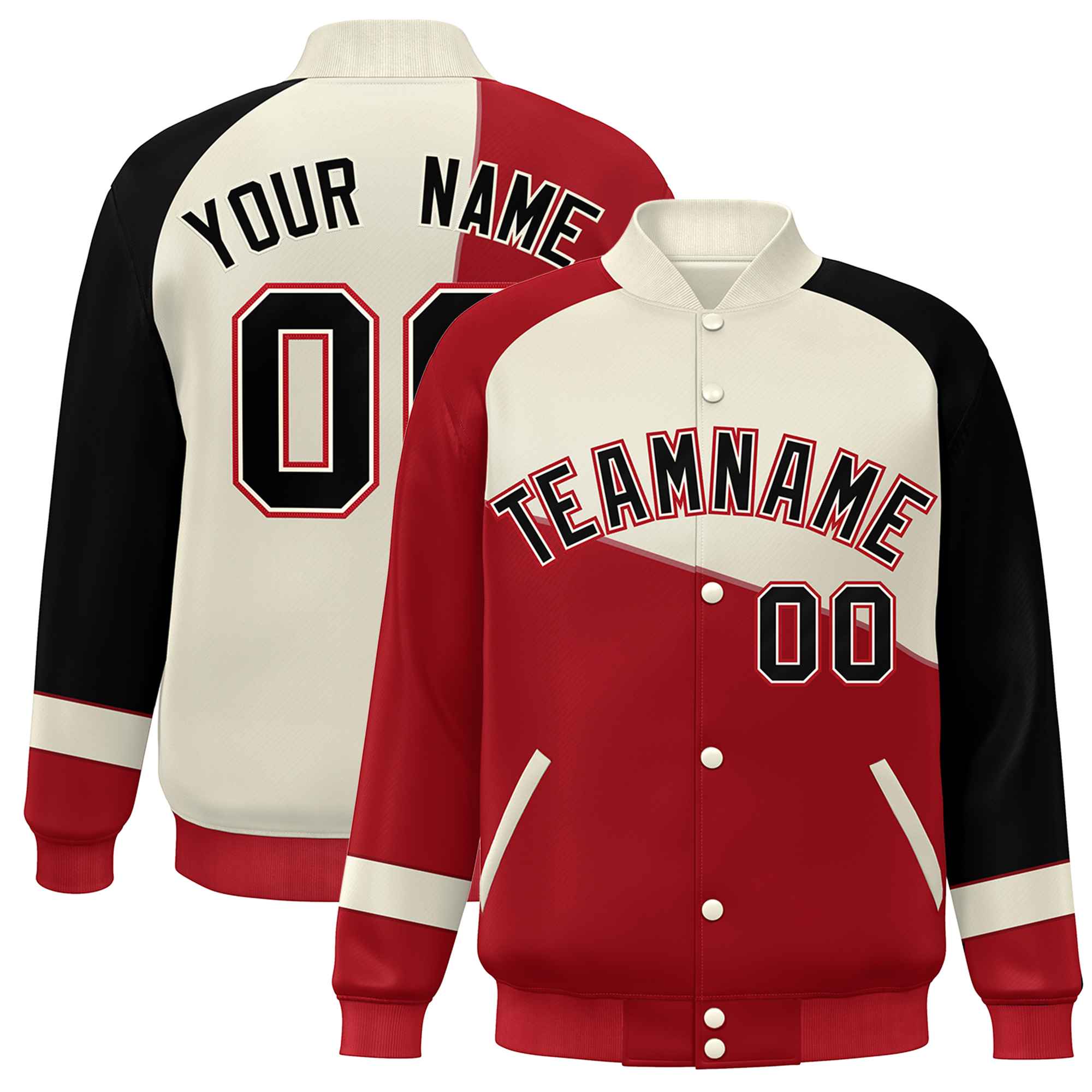 Custom Red White-Black Color Block Bomber Varsity Full-Snap Baseball Jacket