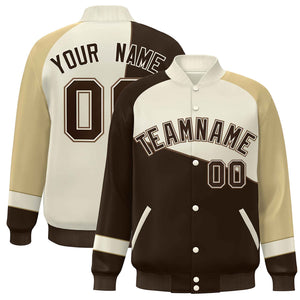 Custom Brown White-Khaki Color Block Bomber Varsity Full-Snap Baseball Jacket