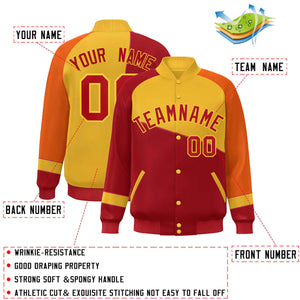 Custom Red Gold-Orange Color Block Bomber Varsity Full-Snap Baseball Jacket