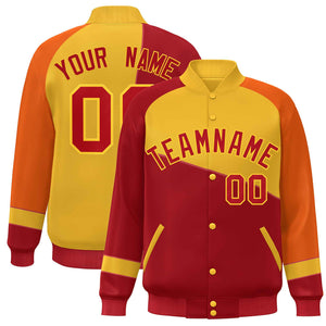 Custom Red Gold-Orange Color Block Bomber Varsity Full-Snap Baseball Jacket