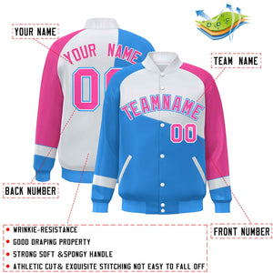 Custom Powder Blue White-Pink Color Block Bomber Varsity Full-Snap Baseball Jacket