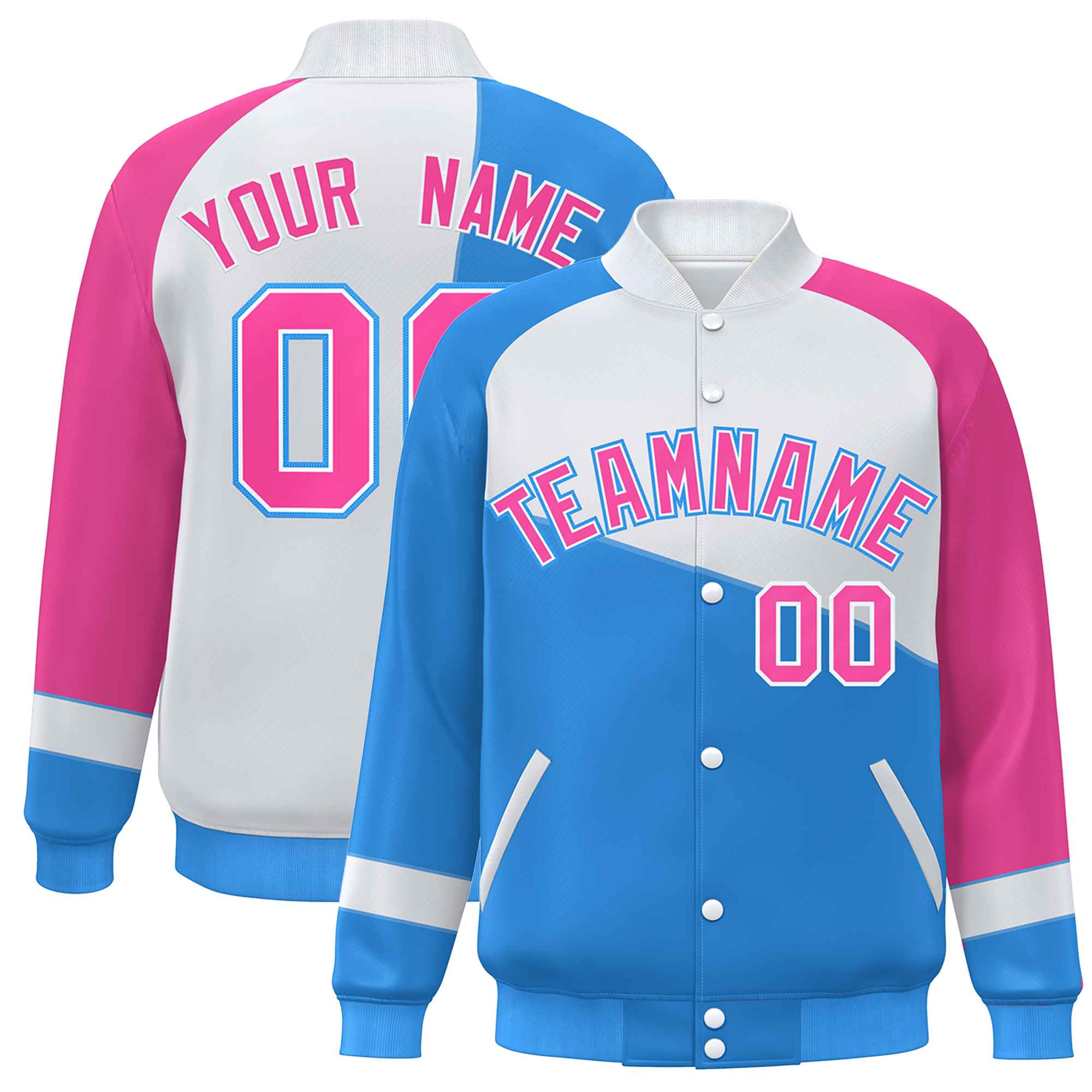 Veste de baseball universitaire à boutons-pression personnalisés bleu poudre blanc-rose