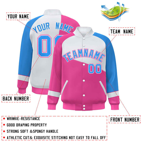 Custom Pink White-Powder Blue Color Block Bomber Varsity Full-Snap Baseball Jacket