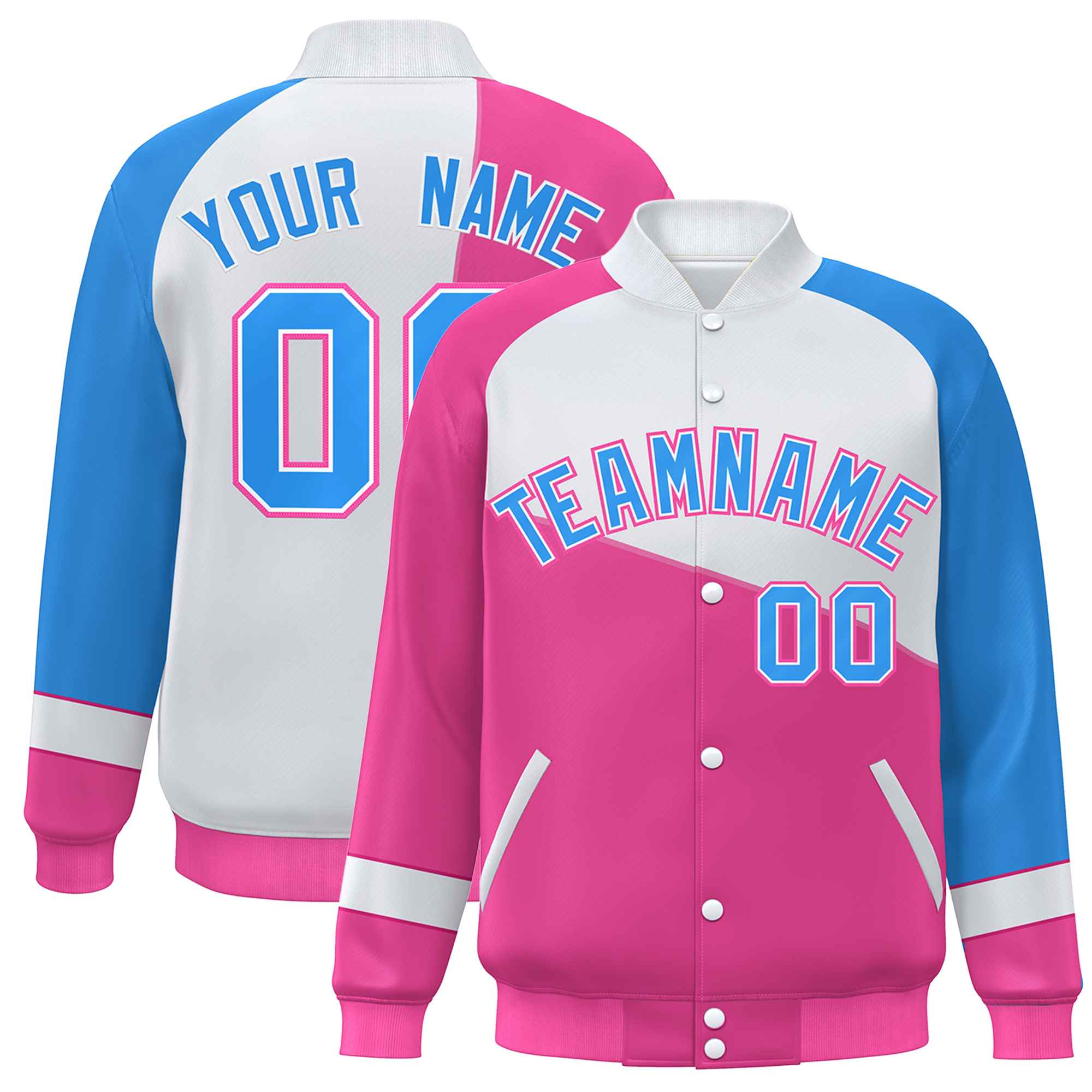 Custom Pink White-Powder Blue Color Block Bomber Varsity Full-Snap Baseball Jacket