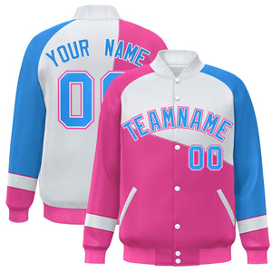 Veste de baseball universitaire à fermeture éclair personnalisée rose blanc-bleu poudre