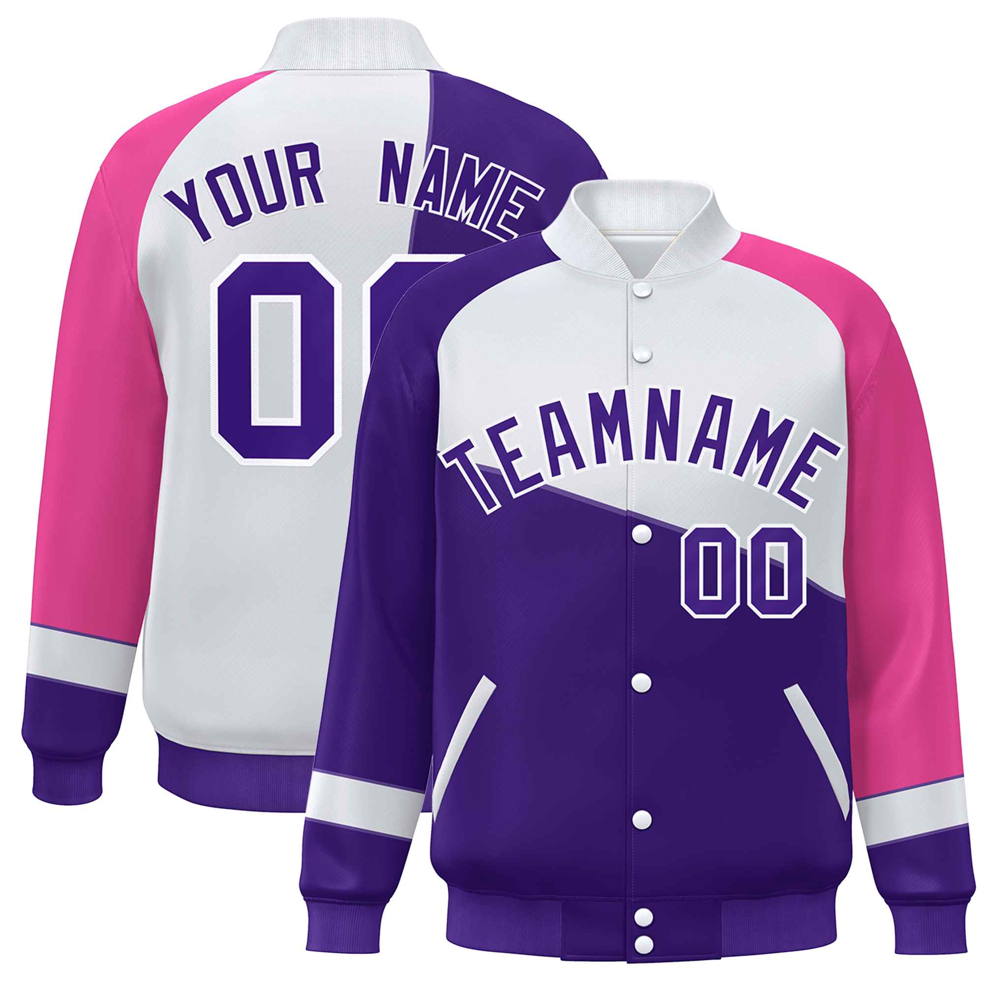 Veste de baseball universitaire à bouton-pression personnalisée violet blanc-rose