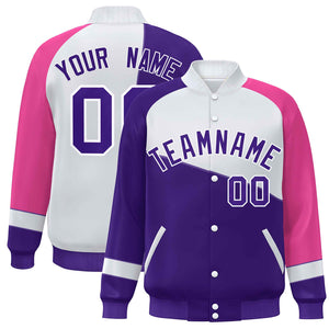 Custom Purple White-Pink Color Block Bomber Varsity Full-Snap Baseball Jacket