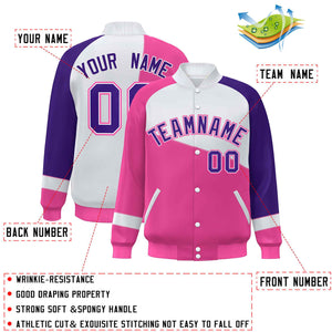 Veste de baseball universitaire à boutons-pression personnalisés rose blanc-violet