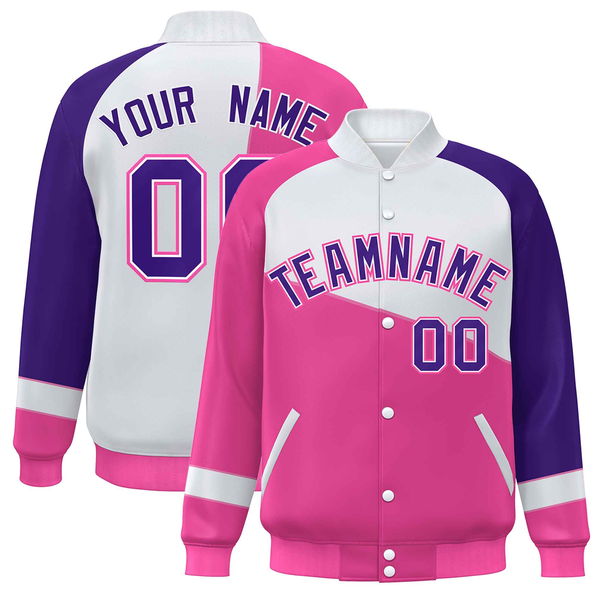 Veste de baseball universitaire à boutons-pression personnalisés rose blanc-violet