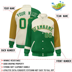 Custom Kelly Green White-Old Gold Color Block Bomber Varsity Full-Snap Baseball Jacket