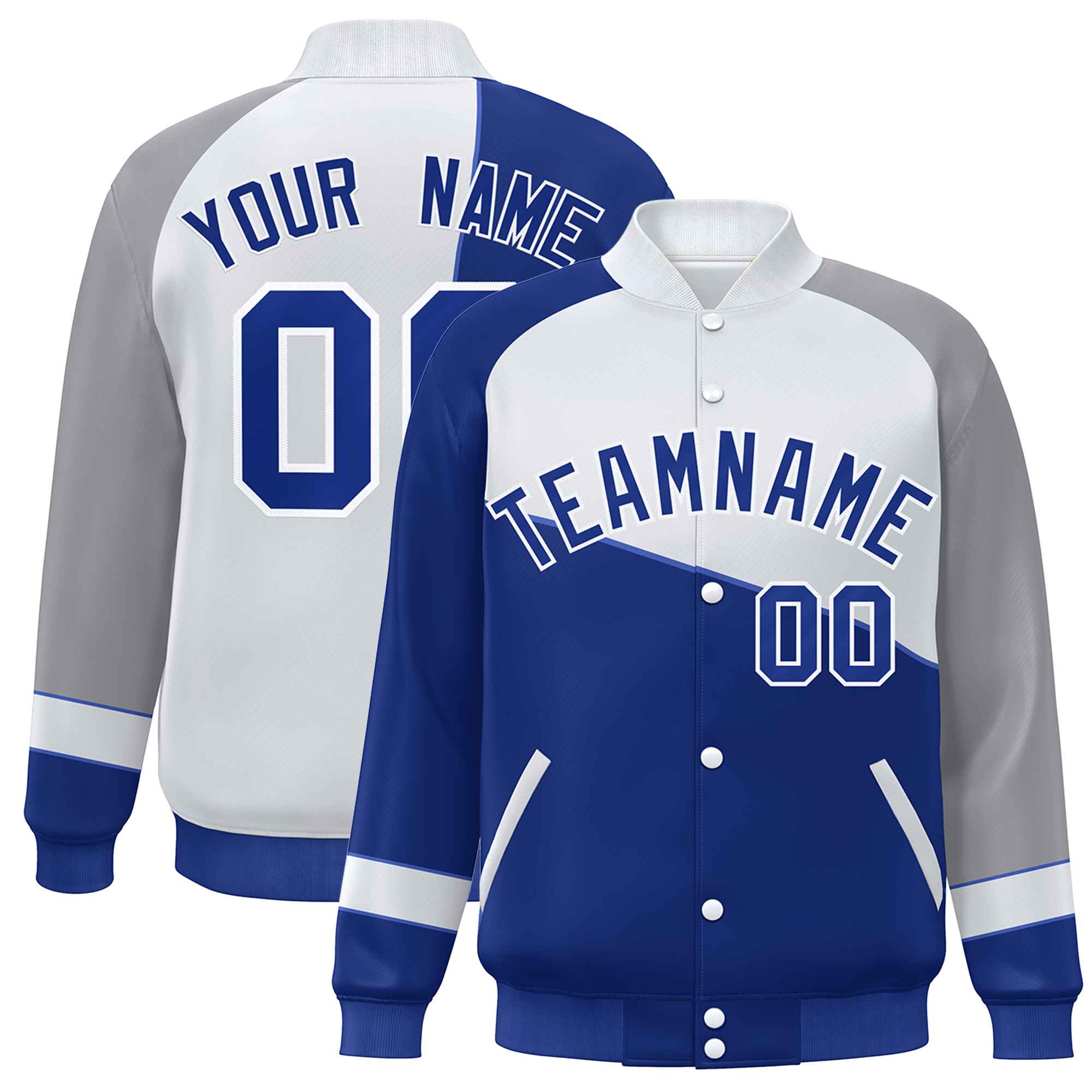 Veste de baseball personnalisée Royal White-Gray Color Block Bomber Varsity Full-Snap