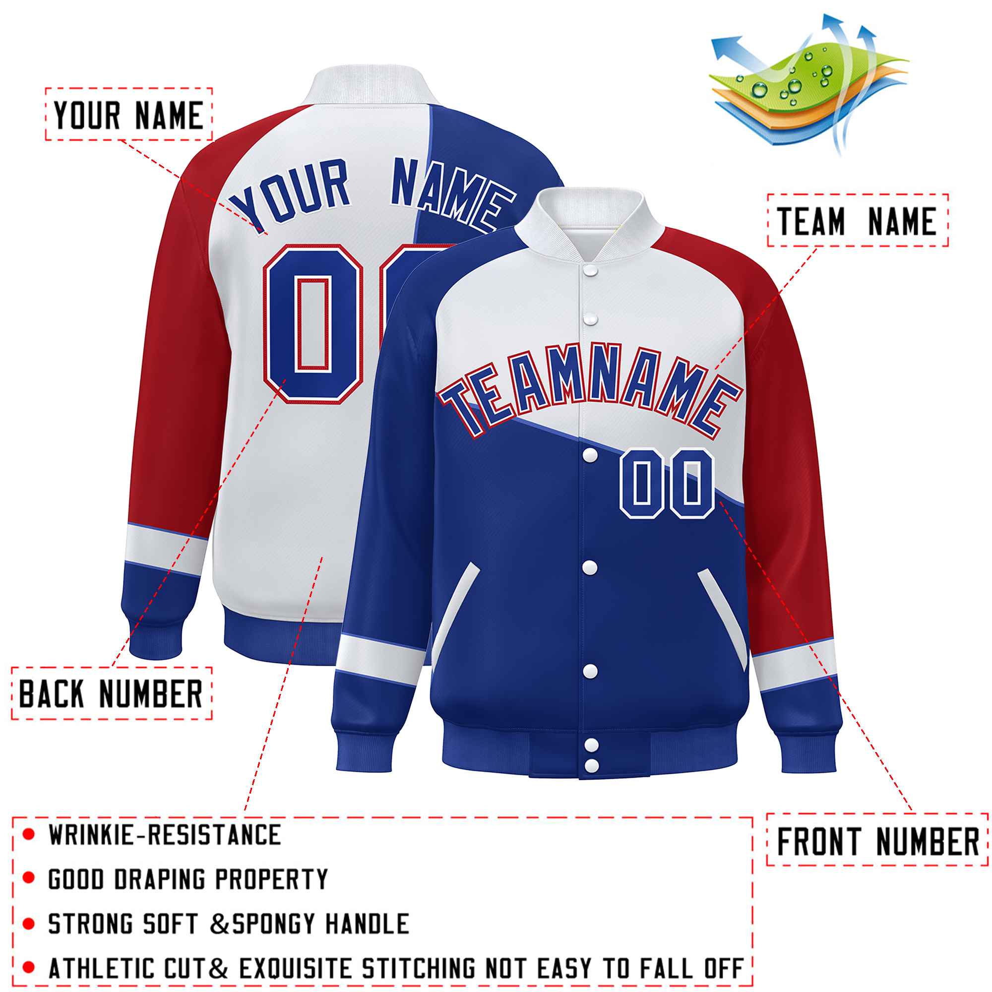 Custom Royal White-Red Color Block Bomber Varsity Full-Snap Baseball Jacket