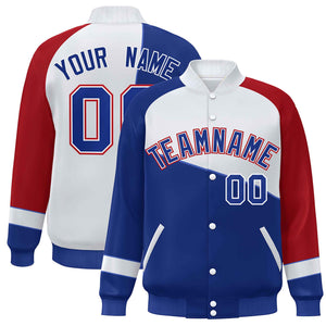 Custom Royal White-Red Color Block Bomber Varsity Full-Snap Baseball Jacket