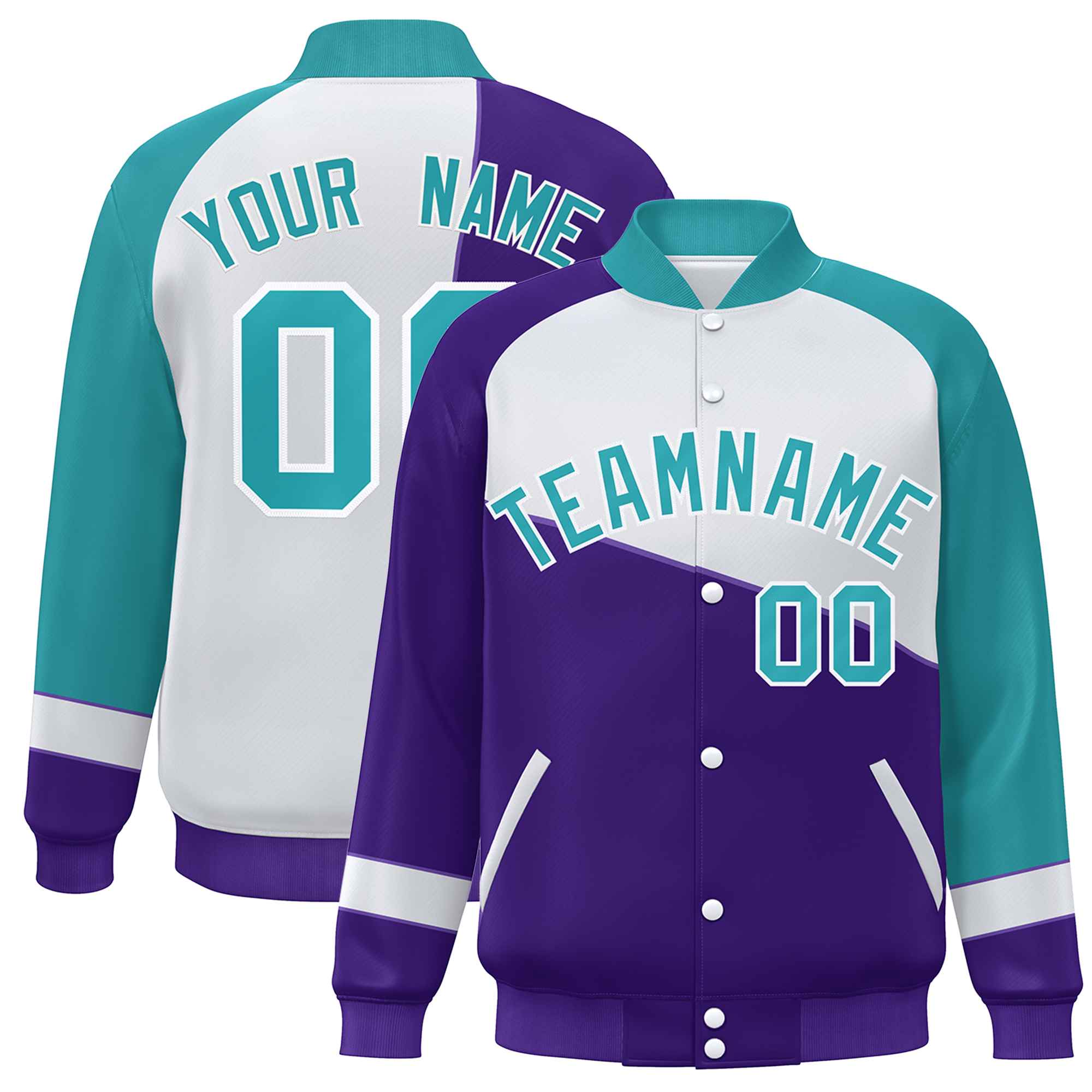 Veste de baseball universitaire à bouton-pression personnalisée violet blanc-aqua color block