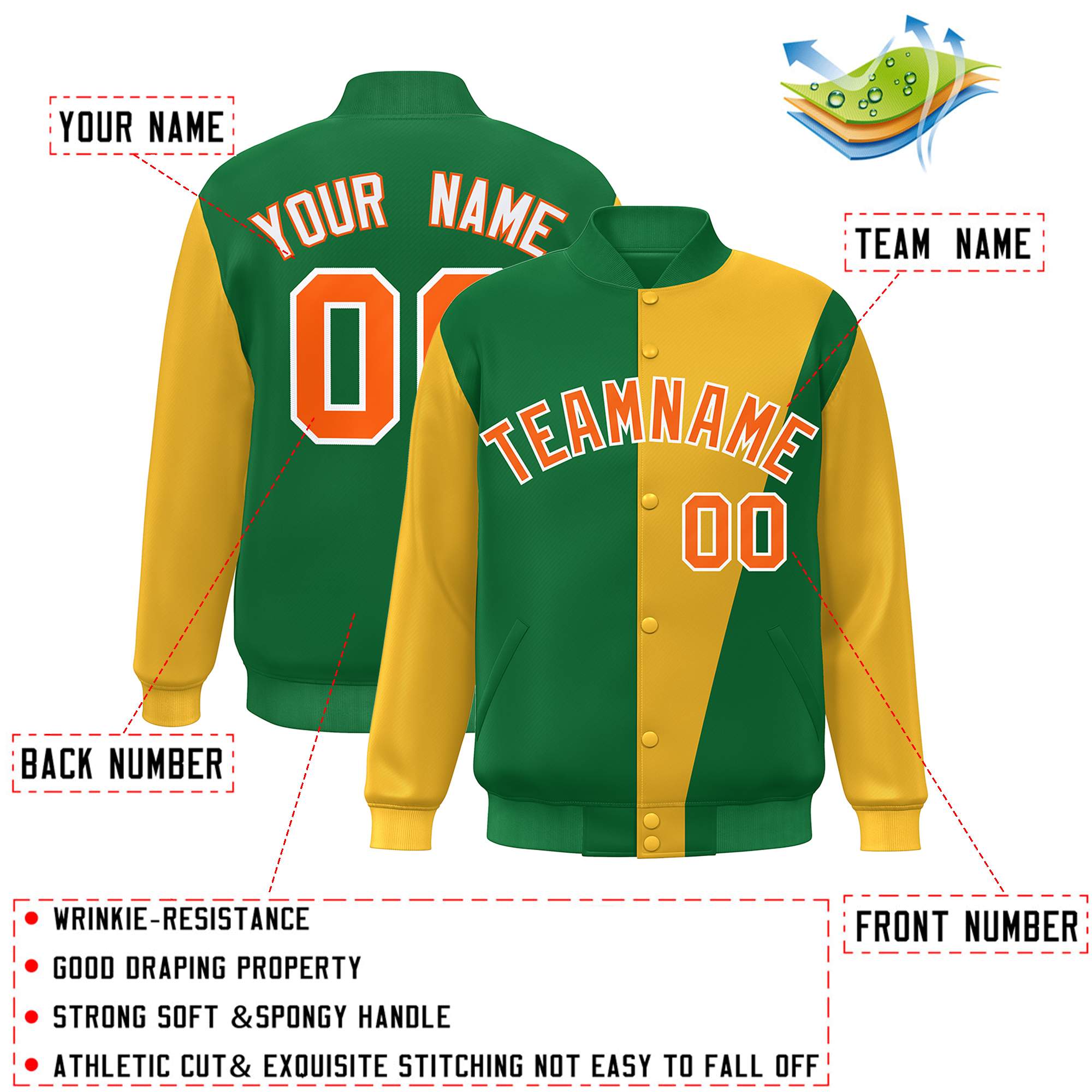 Custom Kelly Green Gold-Orange Color Block Varsity Full-Snap Bomber Jacket