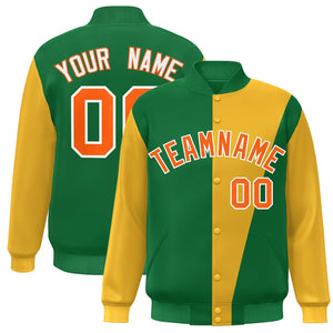 Custom Kelly Green Gold-Orange Color Block Varsity Full-Snap Bomber Jacket