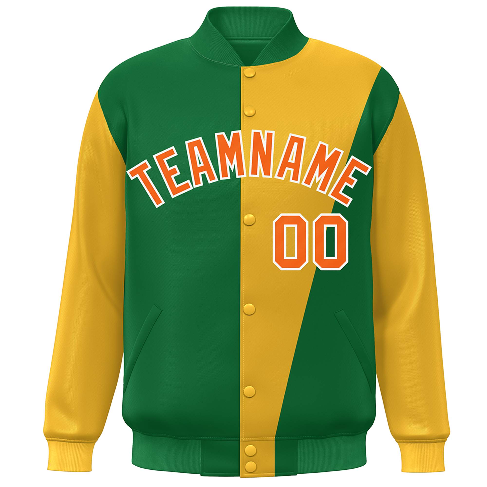 Custom Kelly Green Gold-Orange Color Block Varsity Full-Snap Bomber Jacket