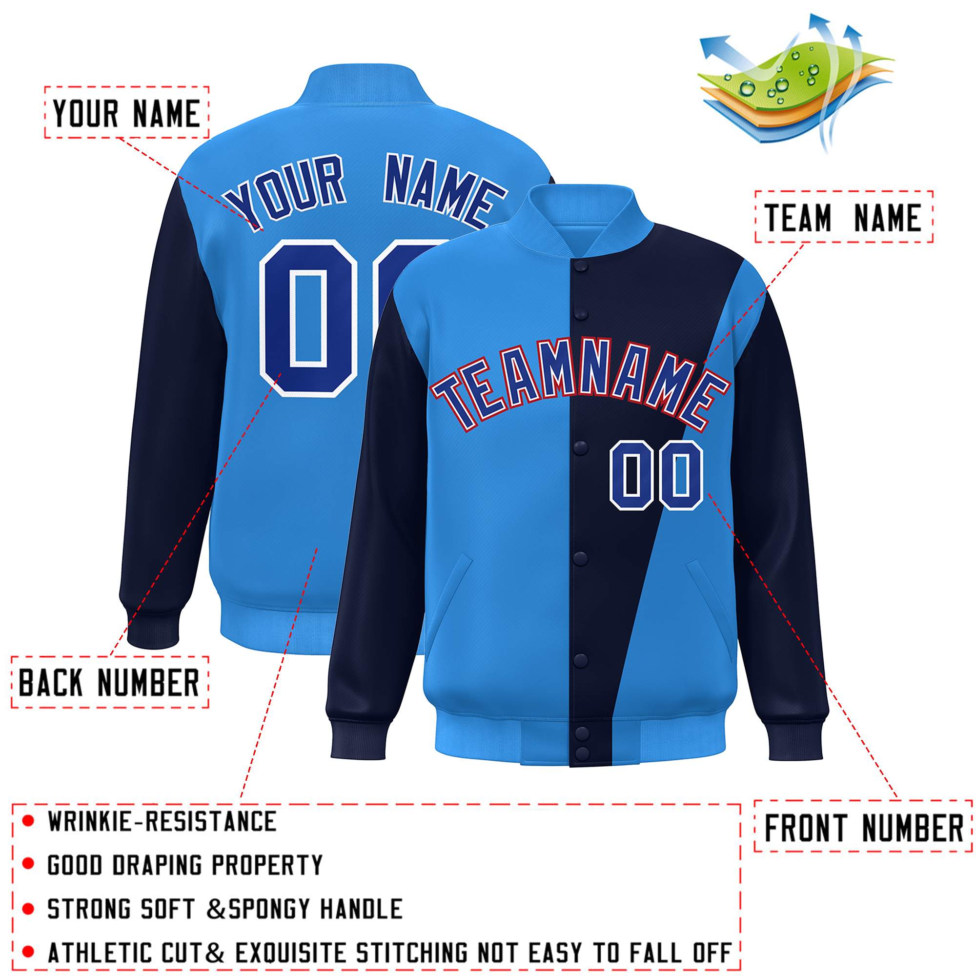 Custom Powder Blue Navy-Royal Color Block Varsity Full-Snap Bomber Jacket