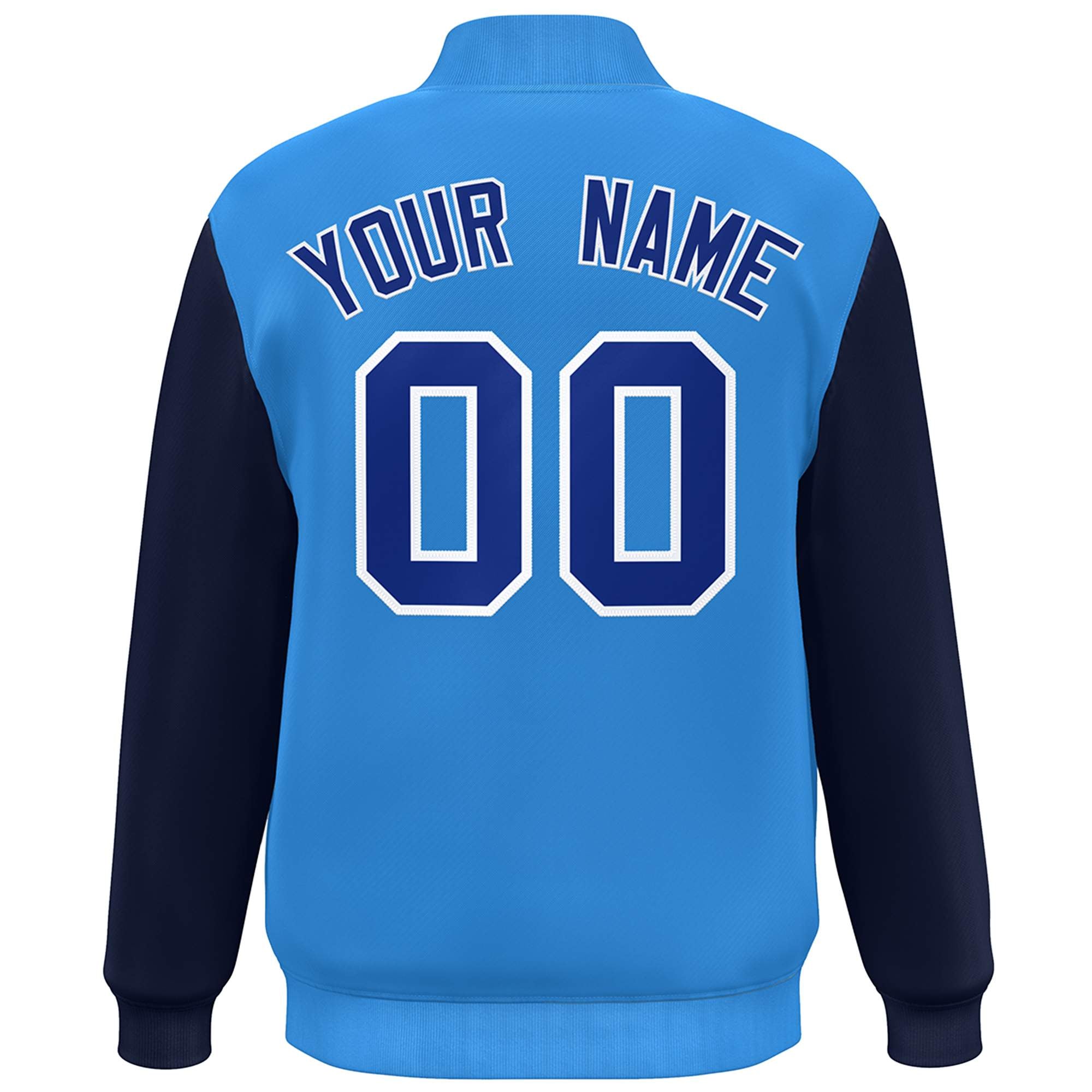 Custom Powder Blue Navy-Royal Color Block Varsity Full-Snap Bomber Jacket