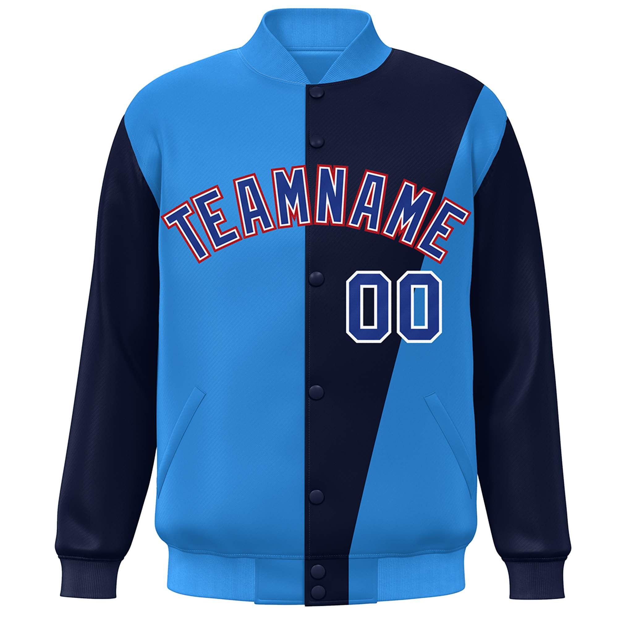 Custom Powder Blue Navy-Royal Color Block Varsity Full-Snap Bomber Jacket