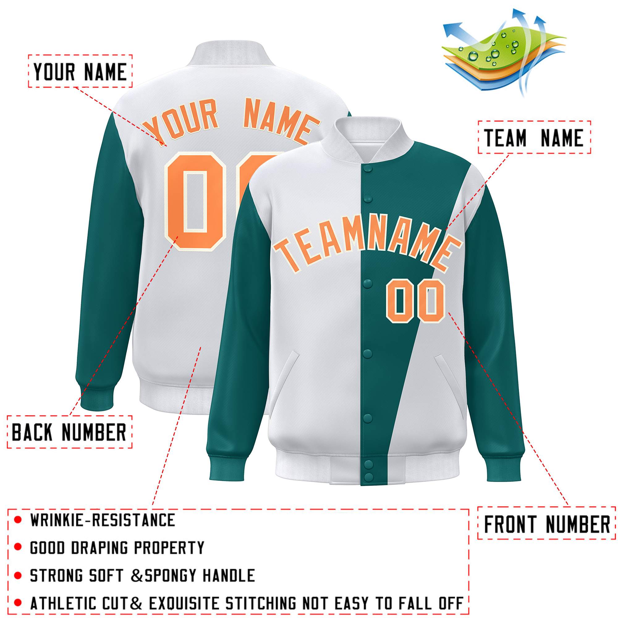 Custom White Aqua-Orange Color Block Varsity Full-Snap Bomber Jacket