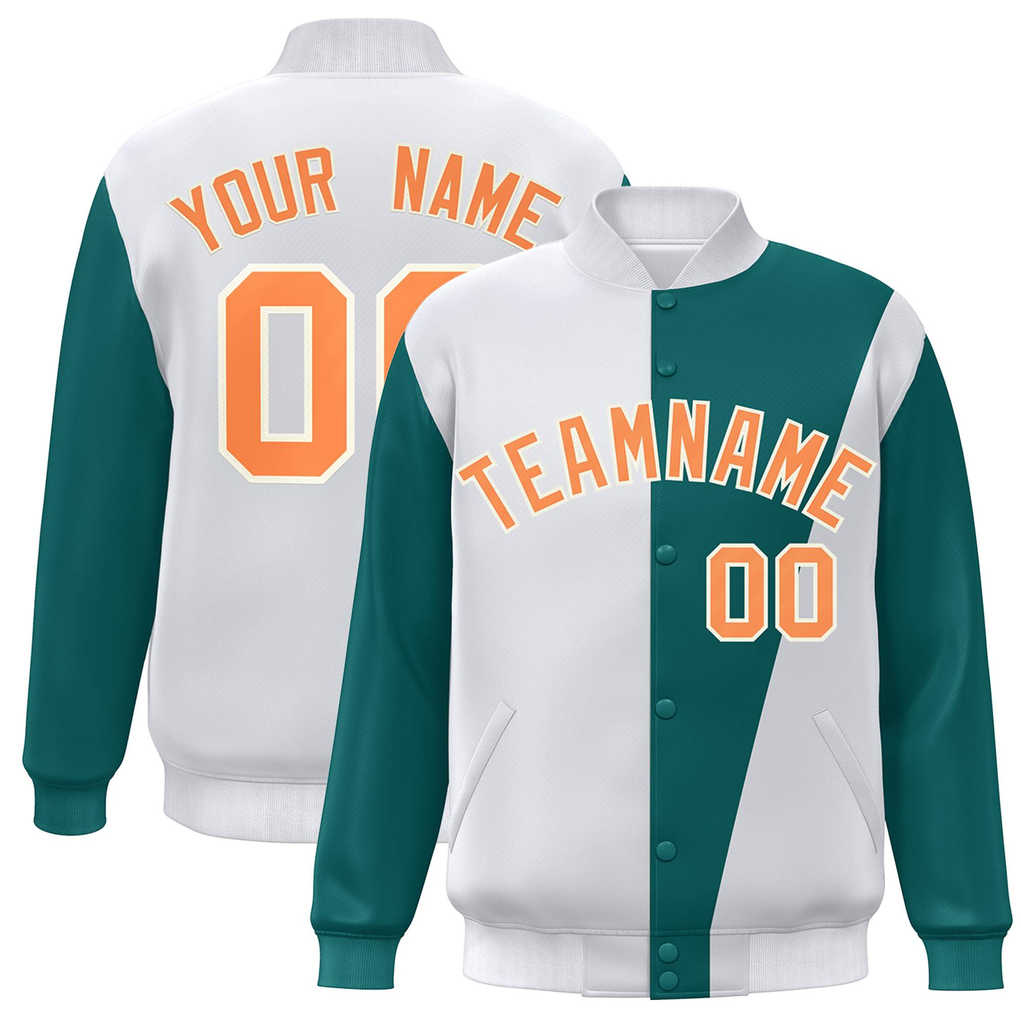 Custom White Aqua-Orange Color Block Varsity Full-Snap Bomber Jacket