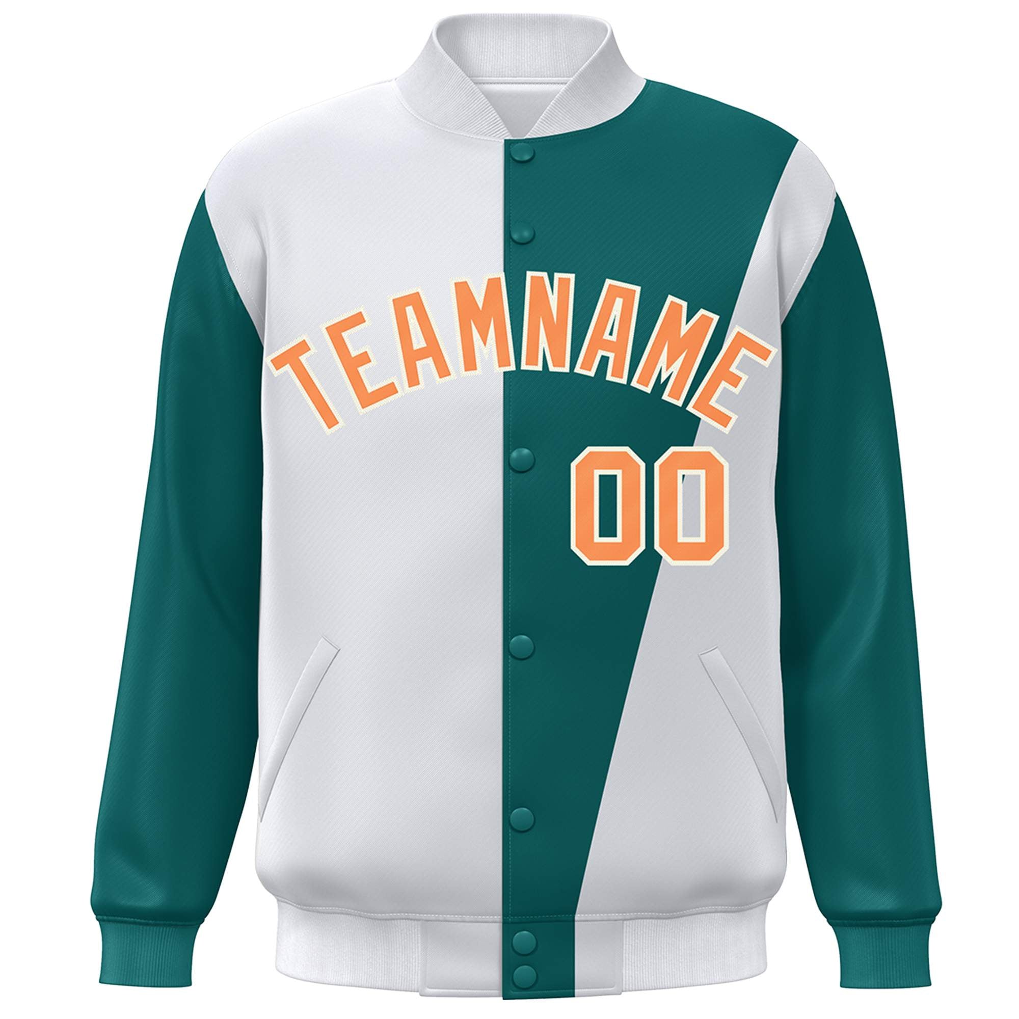 Custom White Aqua-Orange Color Block Varsity Full-Snap Bomber Jacket