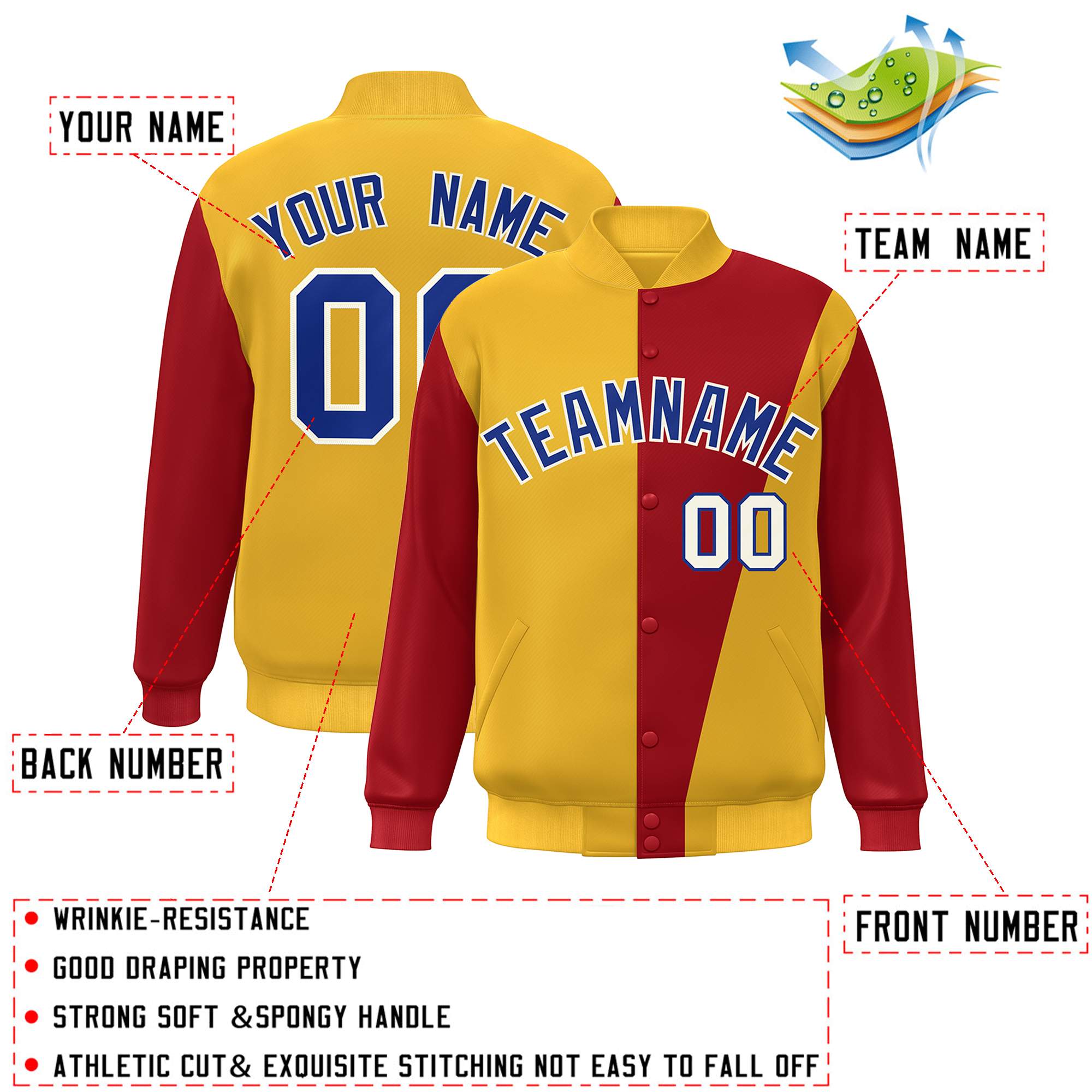 Custom Yellow Red-Royal Color Block Varsity Full-Snap Bomber Jacket