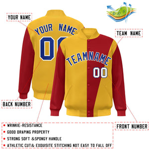 Custom Yellow Red-Royal Color Block Varsity Full-Snap Bomber Jacket