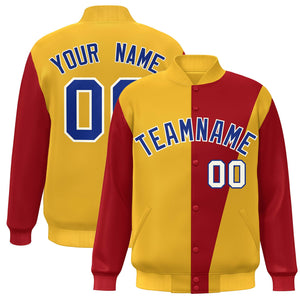 Custom Yellow Red-Royal Color Block Varsity Full-Snap Bomber Jacket