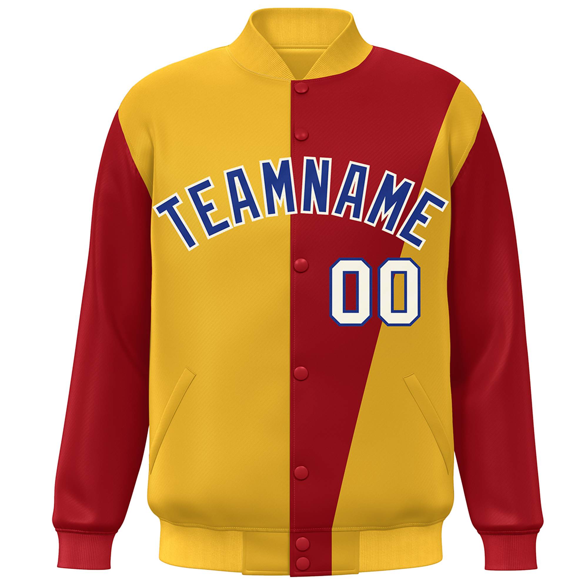 Custom Yellow Red-Royal Color Block Varsity Full-Snap Bomber Jacket