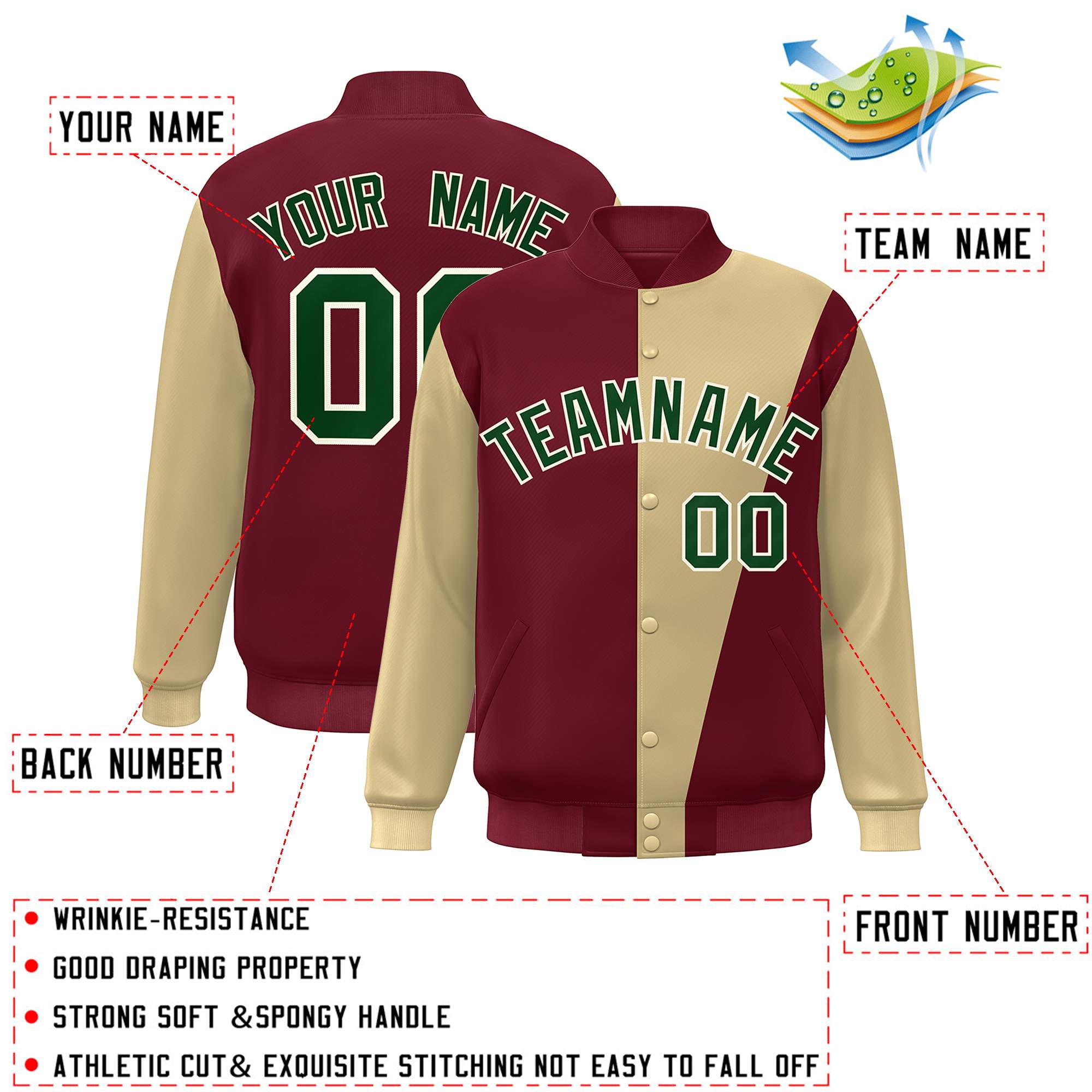 Custom Crimson Khaki-Green Color Block Varsity Full-Snap Bomber Jacket