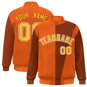 Custom Orange Yellow Color Block Varsity Full-Snap Bomber Jacket