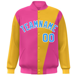 Custom Pink Yellow-Powder Blue Color Block Varsity Full-Snap Bomber Jacket