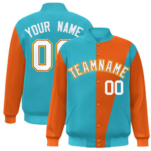 Custom Light Blue Orange-White Color Block Varsity Full-Snap Bomber Jacket