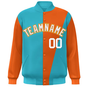 Custom Light Blue Orange-White Color Block Varsity Full-Snap Bomber Jacket